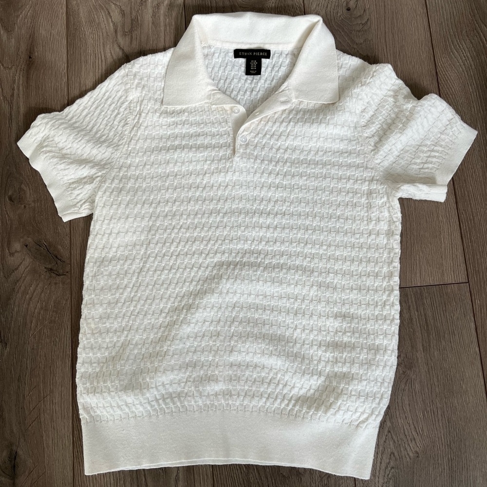 Ethan Pierce White Textured Sweater Polo Shirt